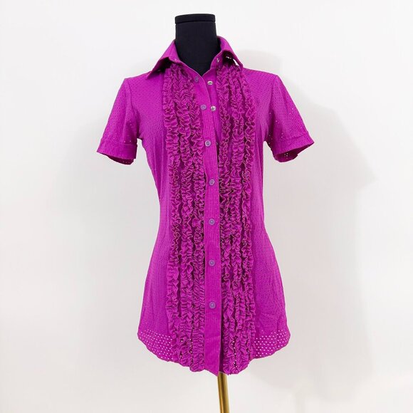 JEAN PAUL GAULTIER JPG MAGENTA PINK PURPLE BUTTON UP COLLARED SHIRT WITH RUFFLES - Picture 4 of 7